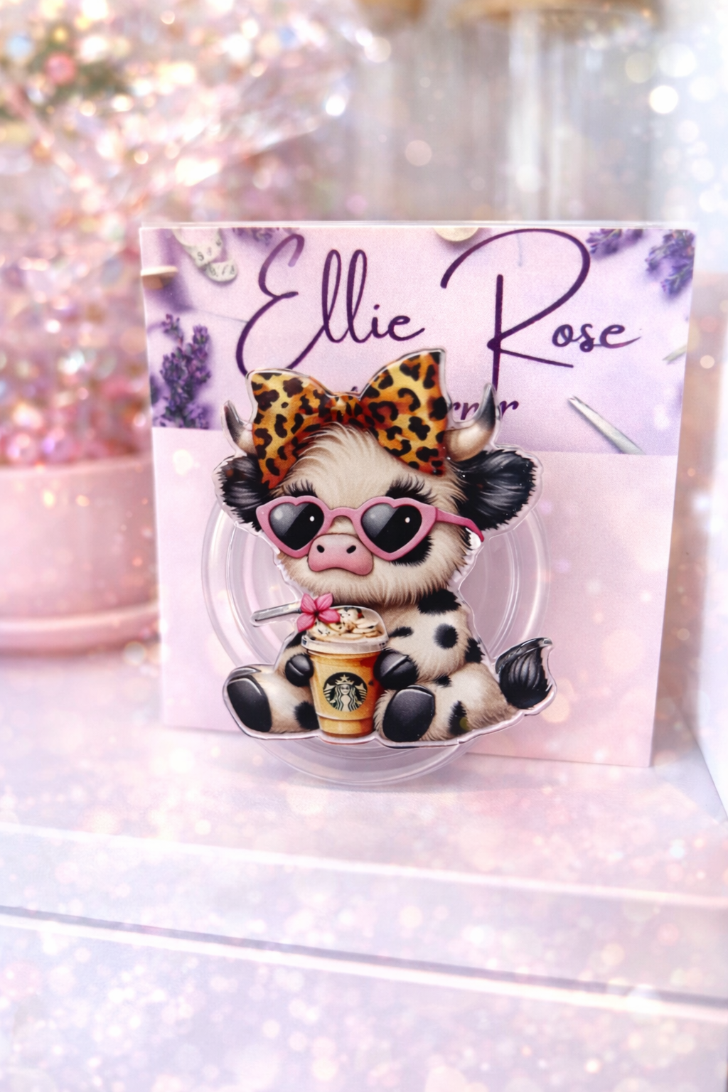 Cute Leopard Cow Drinking Coffee Cell Phone Pop Grip (Non-Magnetic)