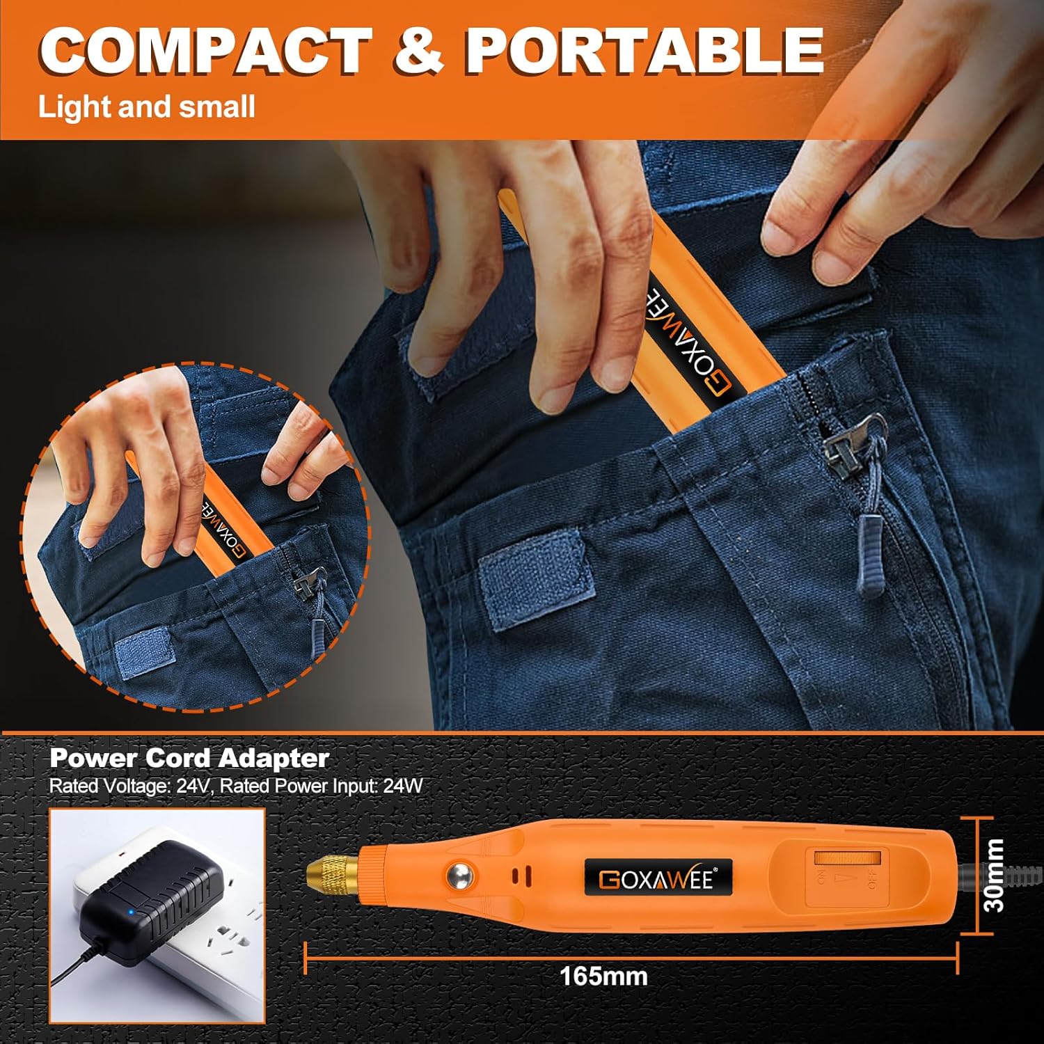 GOXAWEE Outil rotatif électrique 24V – Mini meuleuse multifonction, kit 104 accessoires, pour gravure, perçage, ponçage et polissage