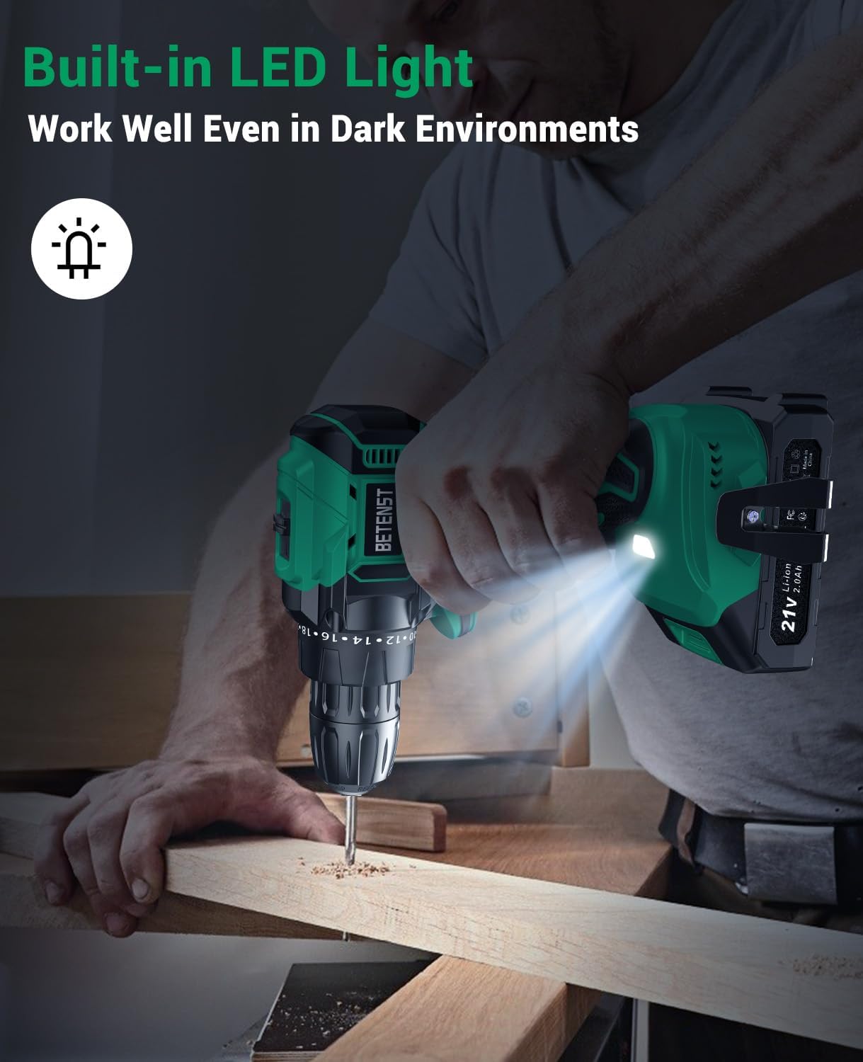 Perceuse-visseuse sans fil brushless 21V – 45 Nm, 2 vitesses, 20 réglages de couple, batterie 2.0 Ah, mandrin 10 mm + kit 20 pièces