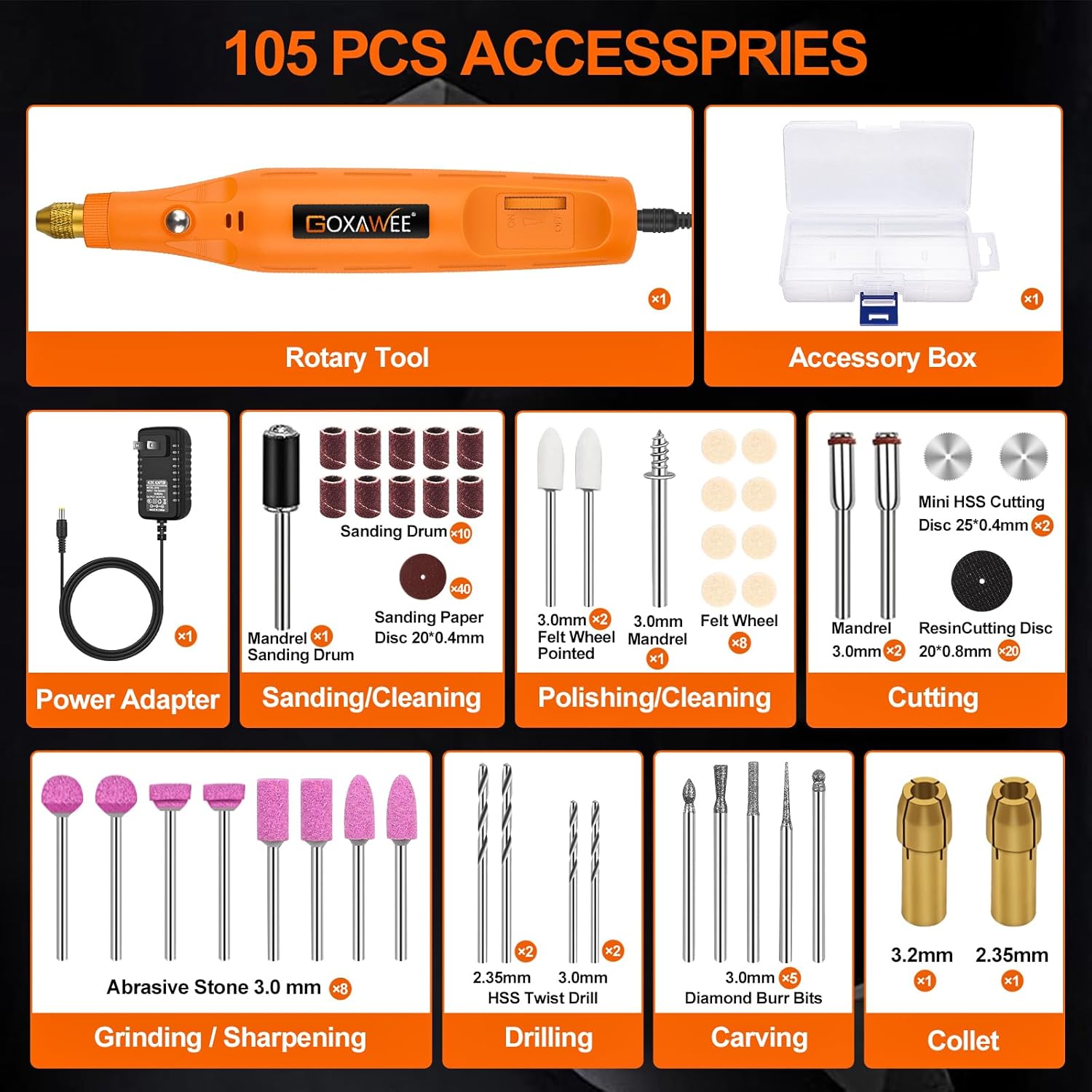 GOXAWEE Outil rotatif électrique 24V – Mini meuleuse multifonction, kit 104 accessoires, pour gravure, perçage, ponçage et polissage