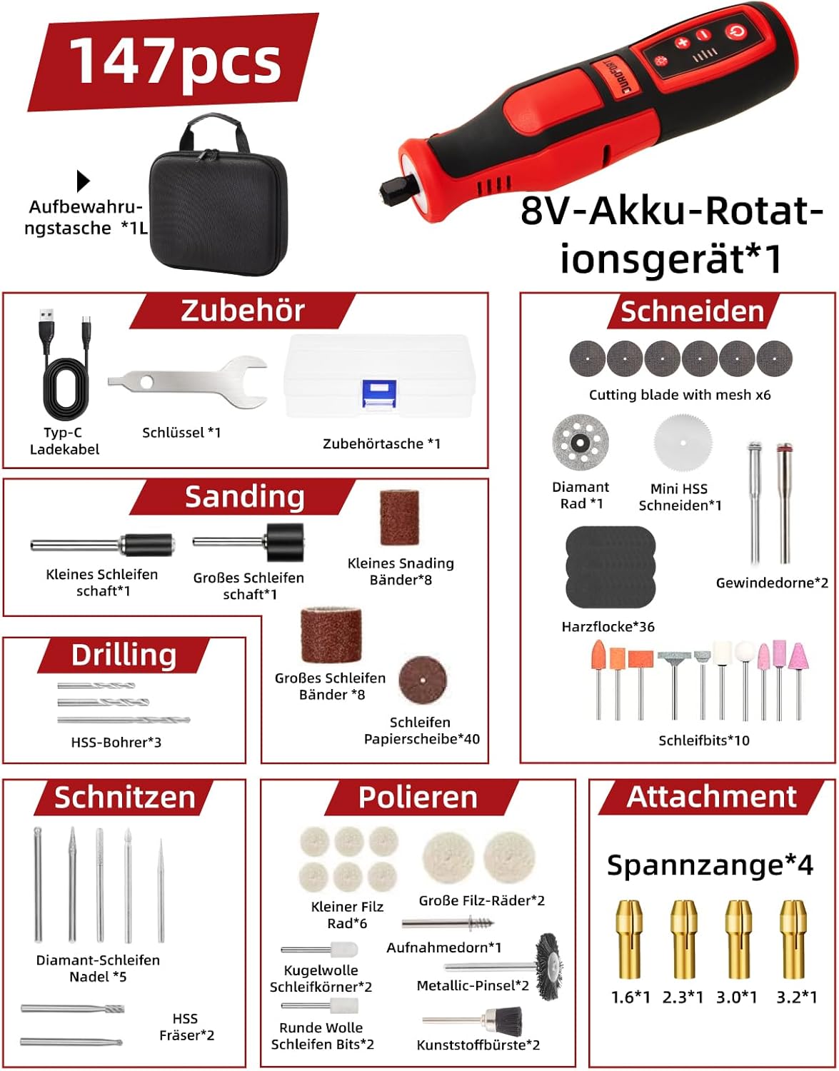 Outil multifonction sans fil – 5 vitesses (17 000–32 000 tr/min), 146 accessoires, mini outil rotatif avec LED, pour perçage, gravure et polissage