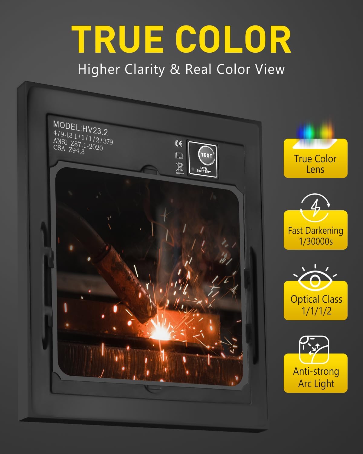 HXZVOGEN Masque de soudage automatique – True Color, vision large, 4 capteurs, DIN 4/5-9/9-13