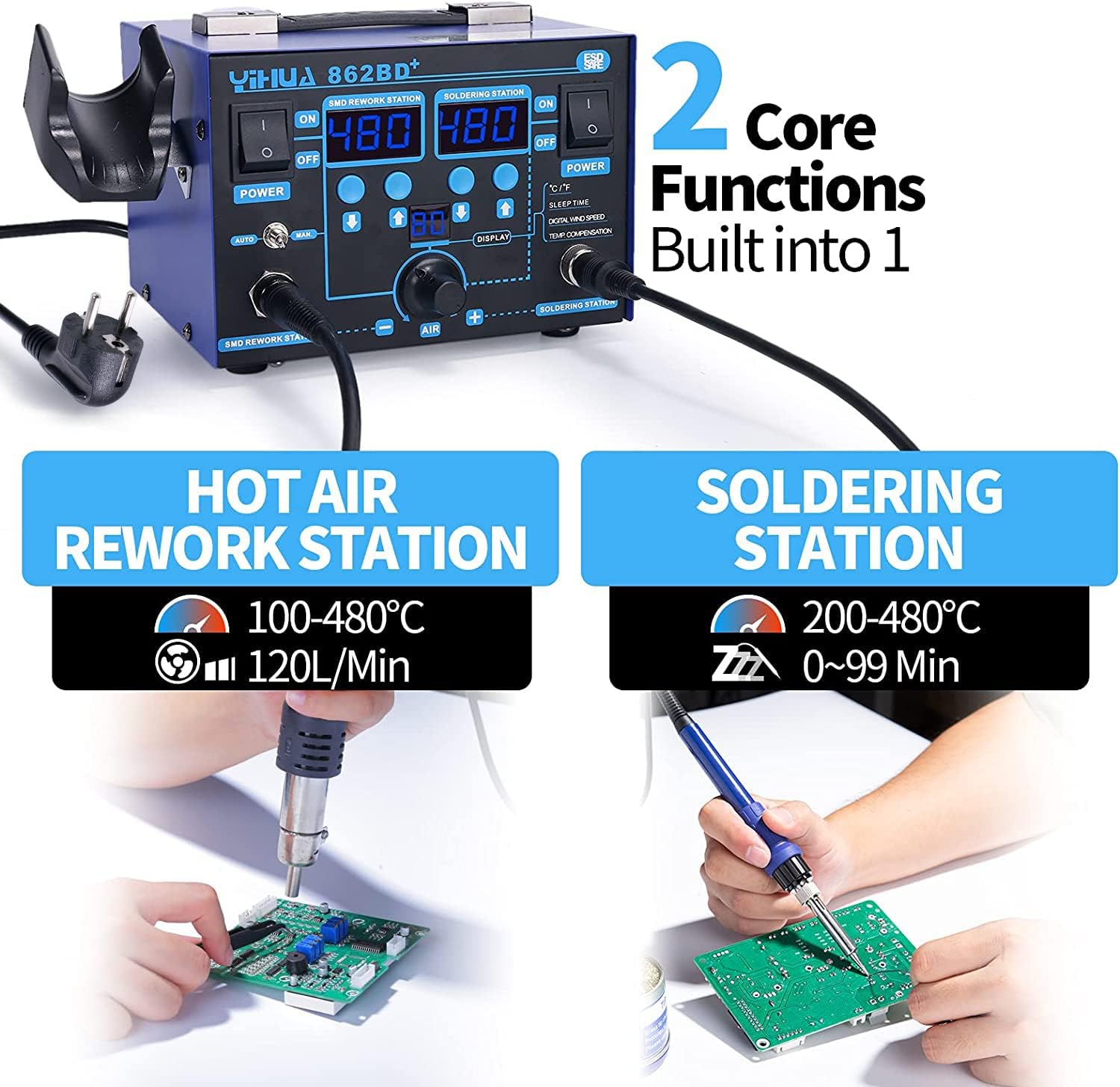 YIHUA 862BD+ Hot Air Soldering Station and Soldering Iron for SMD 2 IN 1 Station with