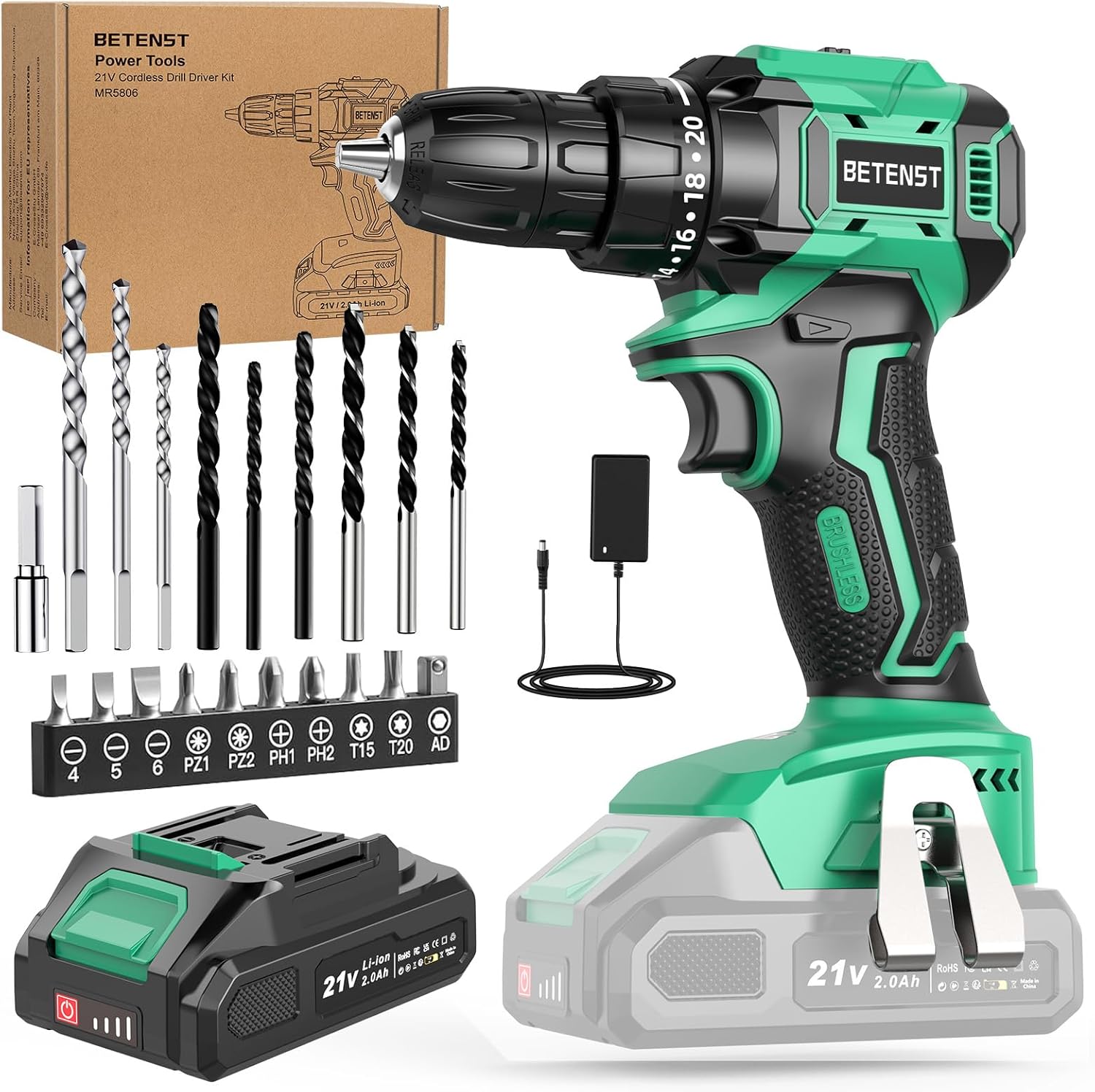 Perceuse-visseuse sans fil brushless 21V – 45 Nm, 2 vitesses, 20 réglages de couple, batterie 2.0 Ah, mandrin 10 mm + kit 20 pièces