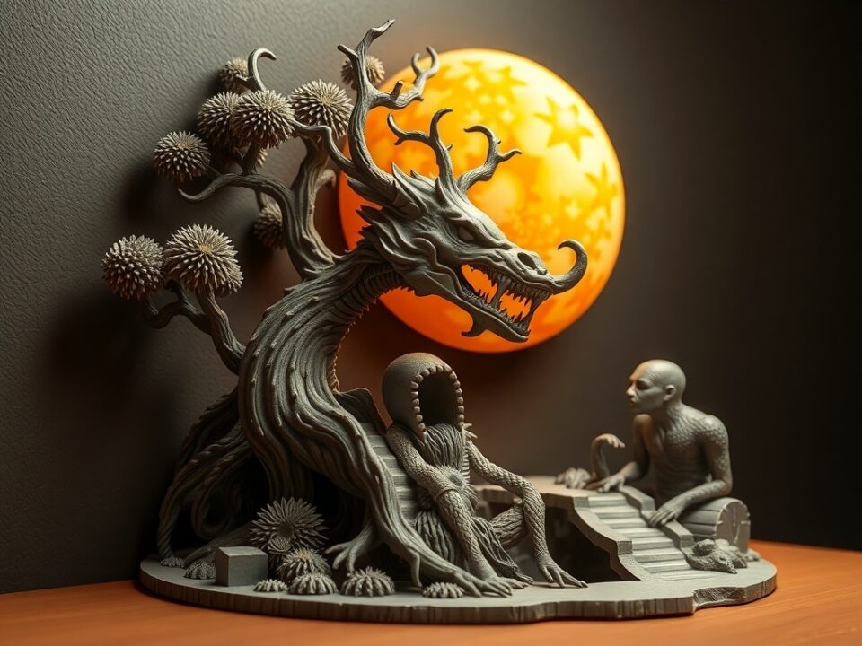 Mystical Dragon and Monk Sculpture