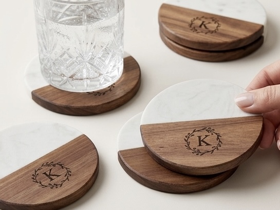 The Signature Monogram Coaster Set | White Marble & Acacia Wood (Set of 4)