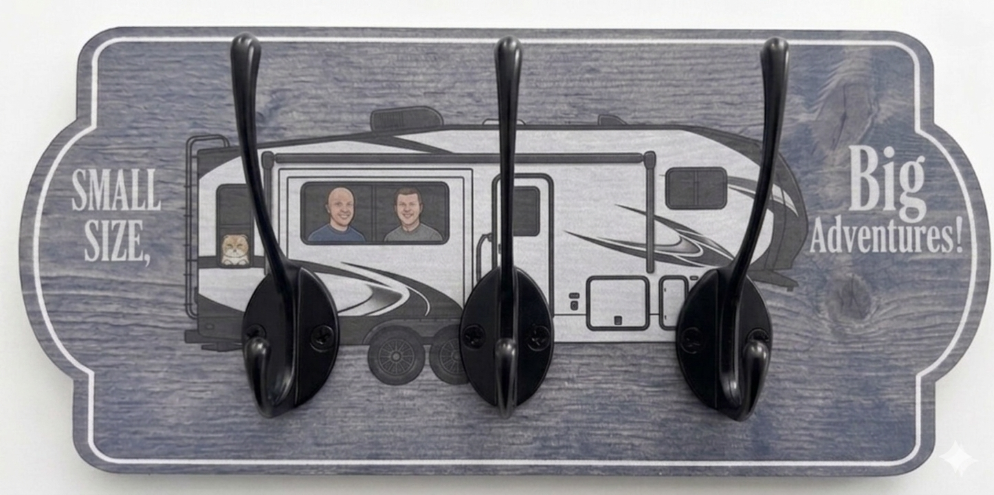Custom RV Key Holder for Wall - Personalized Camper Gift with Custom Illustrations of Family & Pets - Travel Trailer Leash and Key Hook