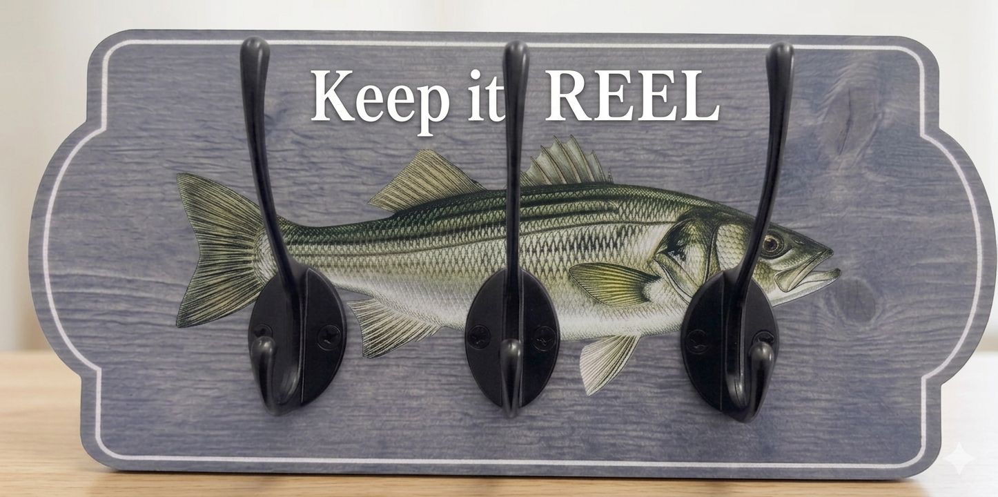 Personalized Fishing Coat & Key Holder | Custom Wood Fish Sign | Choice of Trout, Salmon, or Seabass | Handcrafted Angler Gift | 11" x 5"