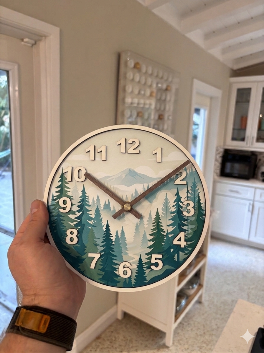 Premium 3D Mountain Forest Wood Clock – Leather-Trimmed & Hand-Painted – Modern Alpine Landscape in Teal