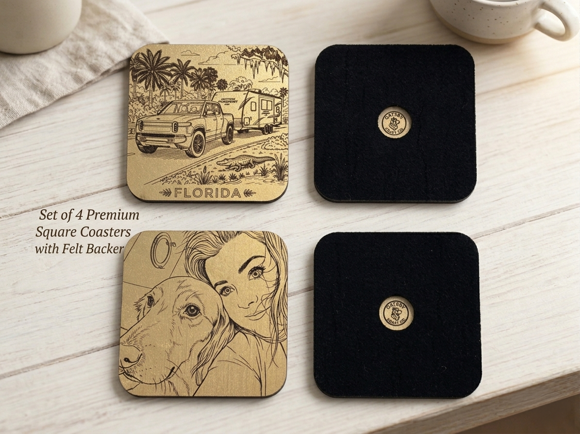 Custom Gold Foil Art Coasters | Personalized Wood Map or Photo Gift | Premium Set of 4 with Felt Back | Unique Corporate or Wedding Gift