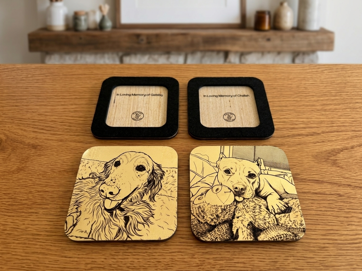 Custom Gold Leaf Pet Portrait - 4X4 Wood Art Plaque - Personalized Handcrafted Memorial - Decorative Engraved Keepsake with Back Message