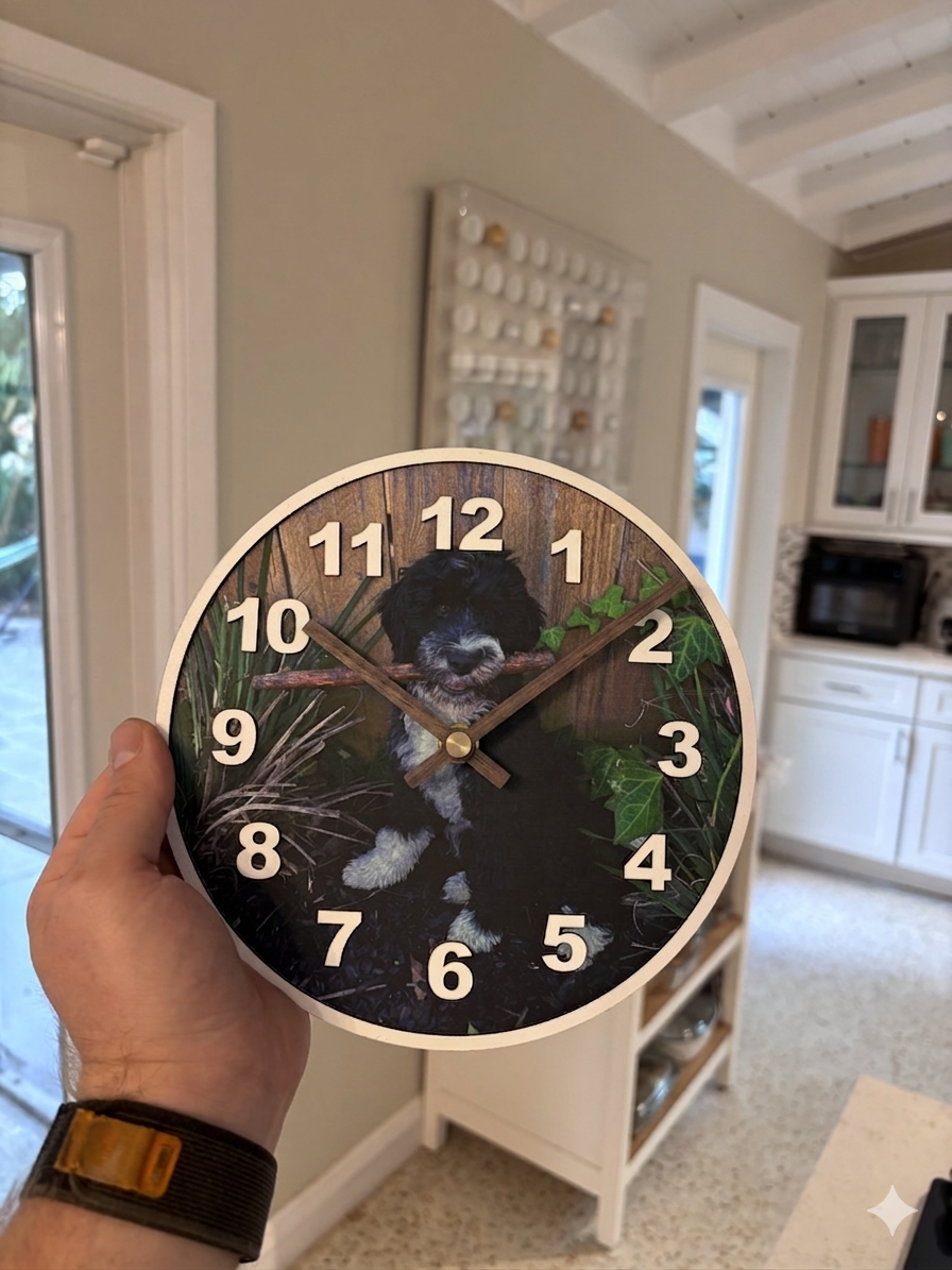 Custom Pet Photo Wall Clock with Vegan Leather Edge - Personalized Dog or Cat Portrait Clock - 8" or 11" Round Wood Clock - Handmade Gift