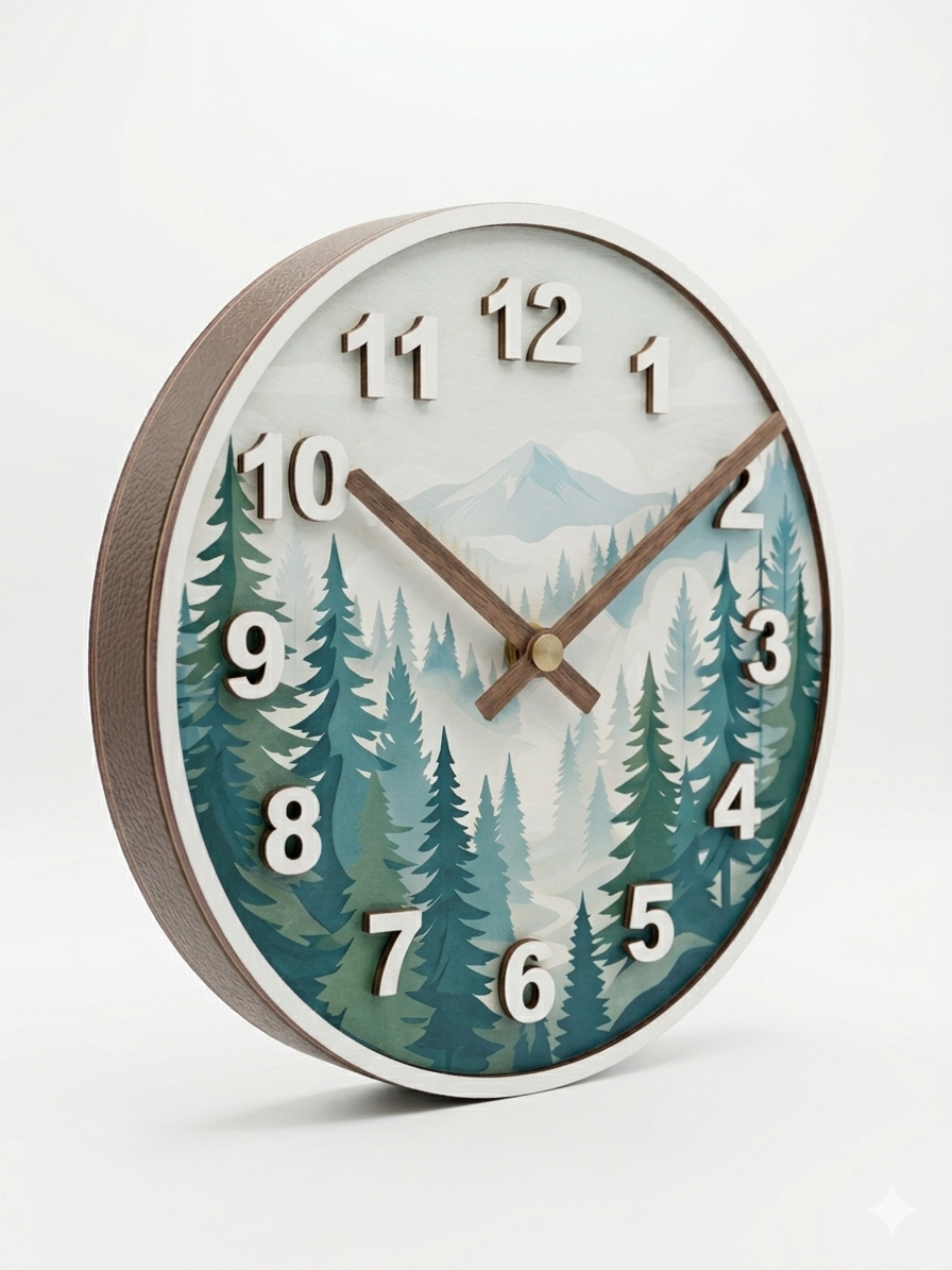 Premium 3D Mountain Forest Wood Clock – Leather-Trimmed & Hand-Painted – Modern Alpine Landscape in Teal