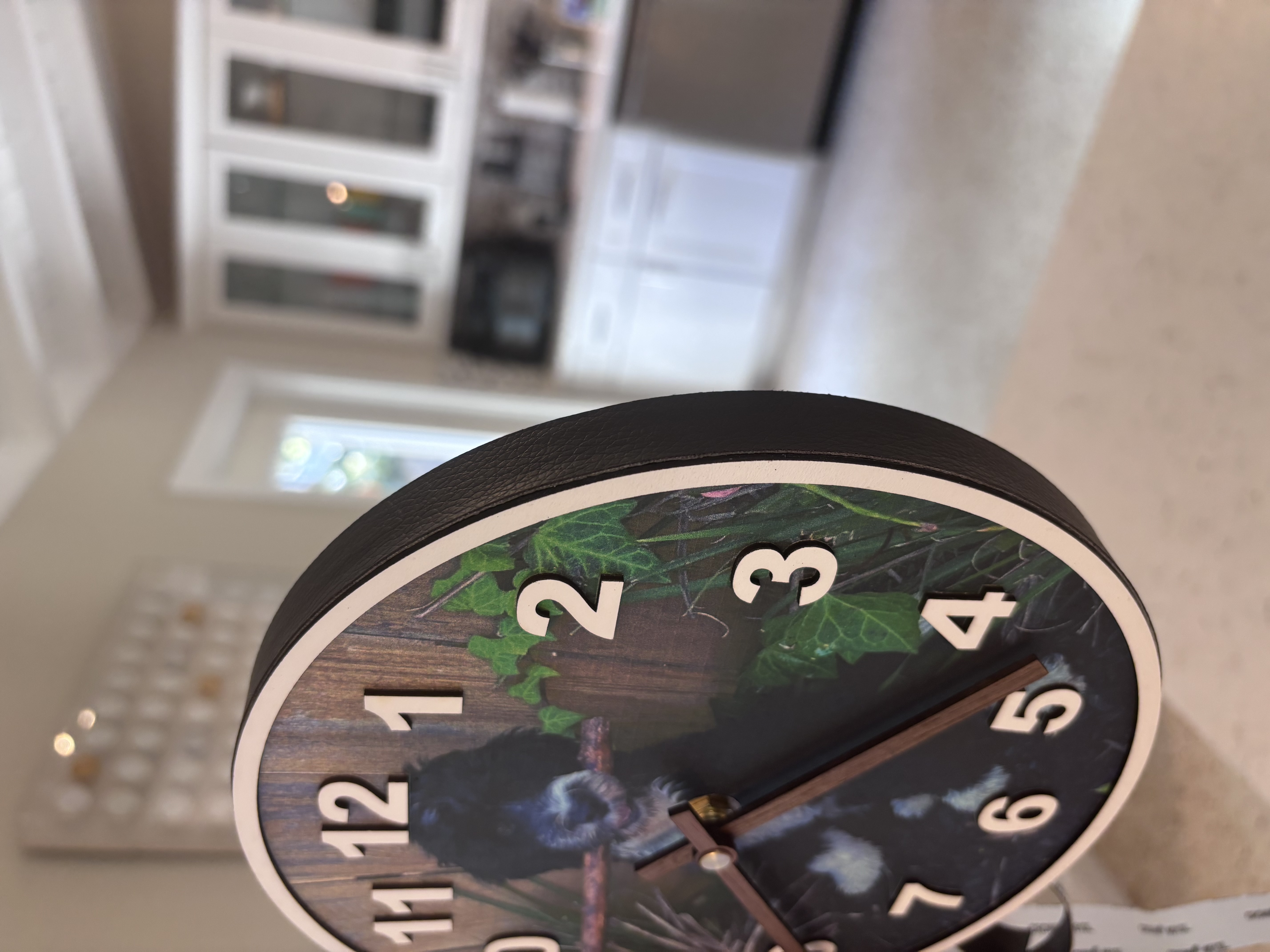 Custom Pet Photo Wall Clock with Vegan Leather Edge - Personalized Dog or Cat Portrait Clock - 8" or 11" Round Wood Clock - Handmade Gift