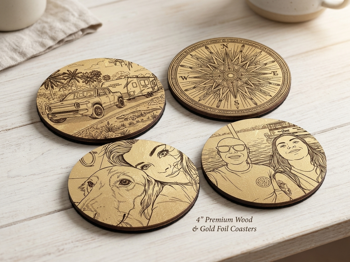 Custom Gold Foil Art Coasters | Personalized Wood Map or Photo Gift | Premium Set of 4 with Felt Back | Unique Corporate or Wedding Gift