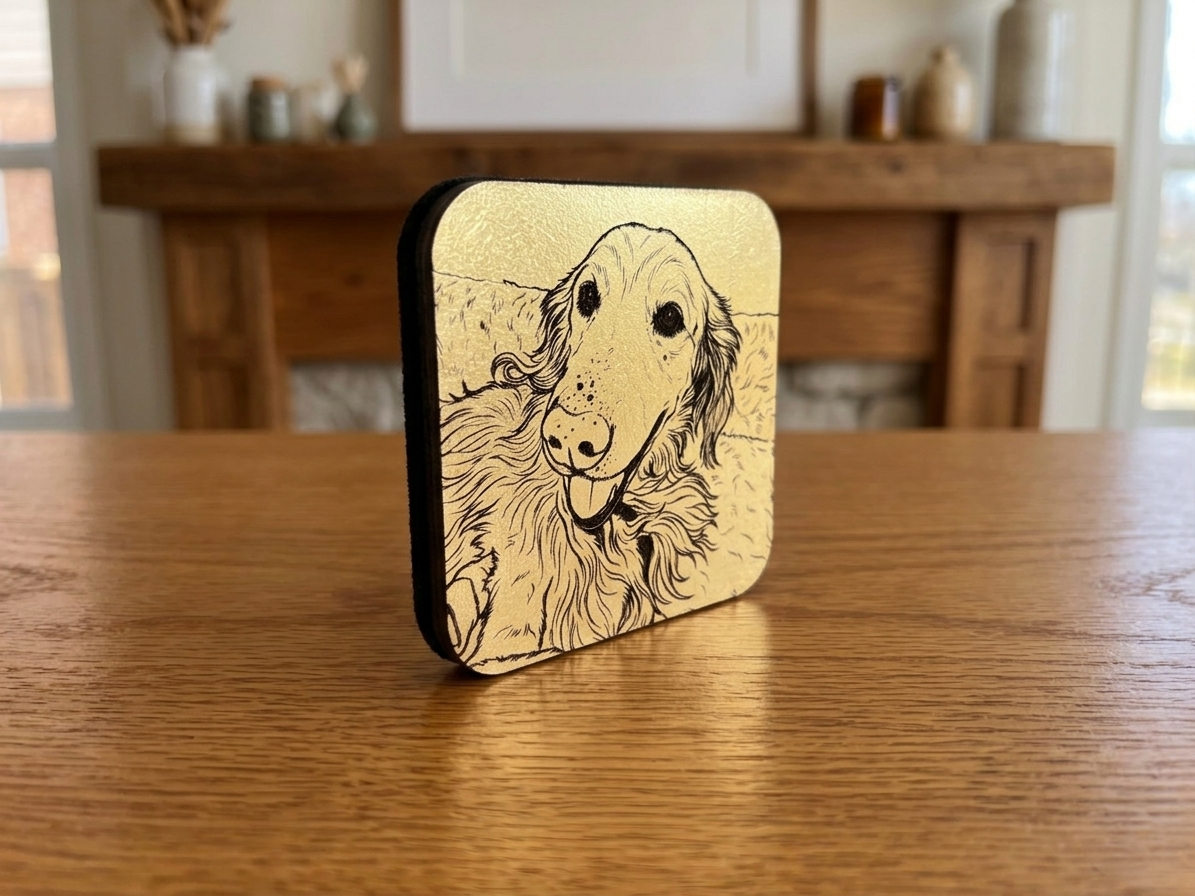 Custom Gold Leaf Pet Portrait - 4X4 Wood Art Plaque - Personalized Handcrafted Memorial - Decorative Engraved Keepsake with Back Message