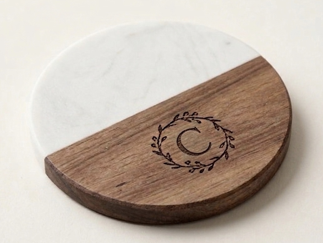 The Signature Monogram Coaster Set | White Marble & Acacia Wood (Set of 4)