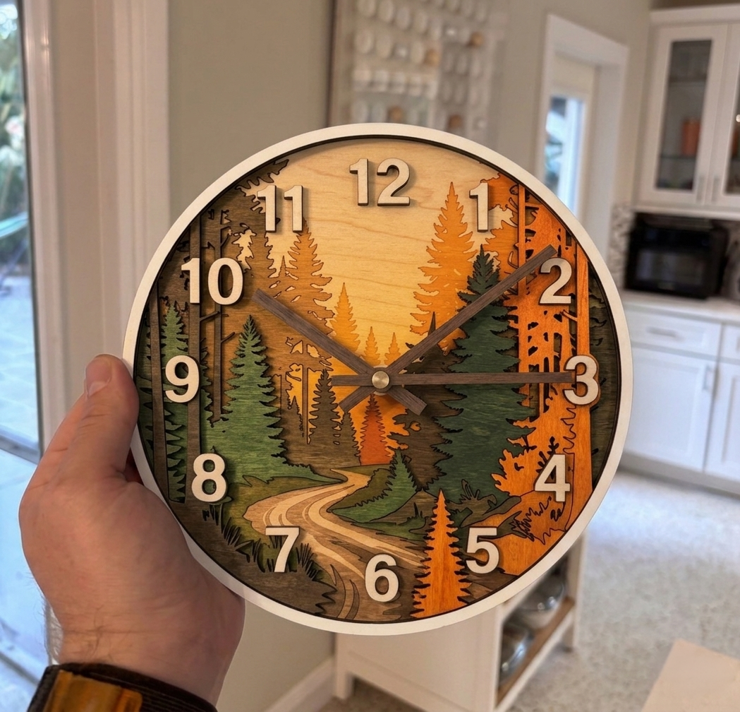 Premium 3D Forest Path Wood Clock – Leather-Trimmed & Hand-Painted – "Winding Trail" in Golden Autumn