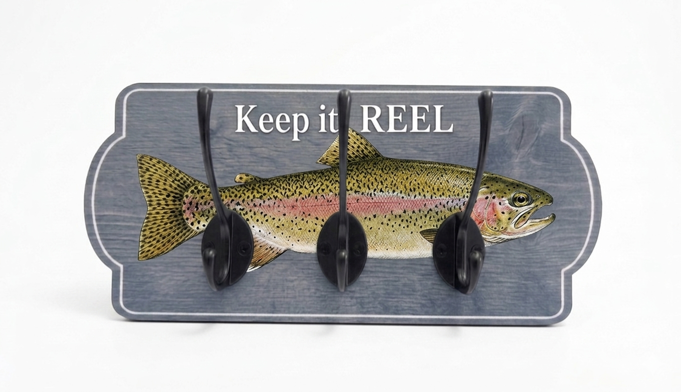 Personalized Fishing Coat & Key Holder | Custom Wood Fish Sign | Choice of Trout, Salmon, or Seabass | Handcrafted Angler Gift | 11" x 5"