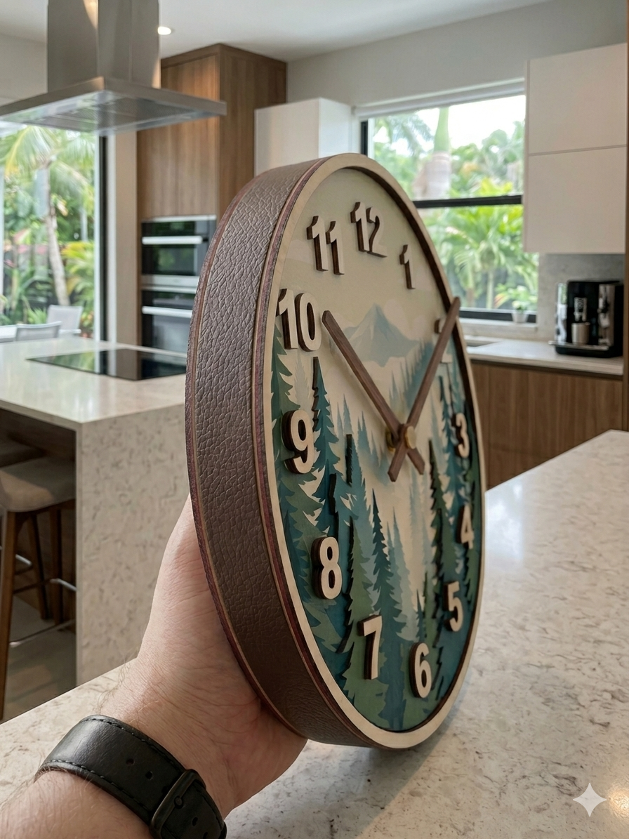 Premium 3D Mountain Forest Wood Clock – Leather-Trimmed & Hand-Painted – Modern Alpine Landscape in Teal