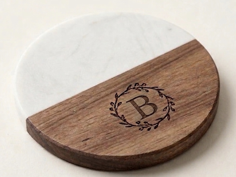 The Signature Monogram Coaster Set | White Marble & Acacia Wood (Set of 4)