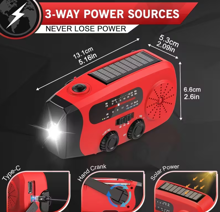 Multifunction Solar-Powered Emergency Radio Flashlight Power Bank