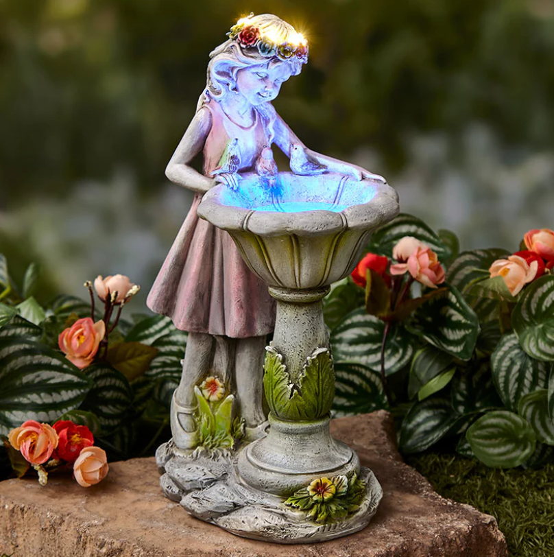 Solar Girl Bird Bath with LED Lights