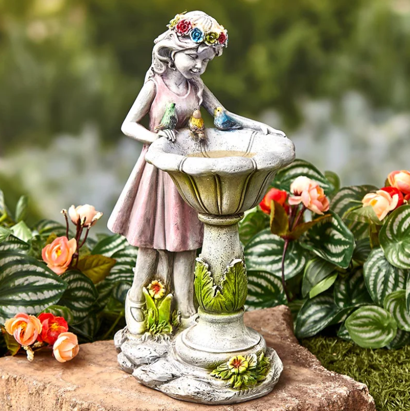 Solar Girl Bird Bath with LED Lights