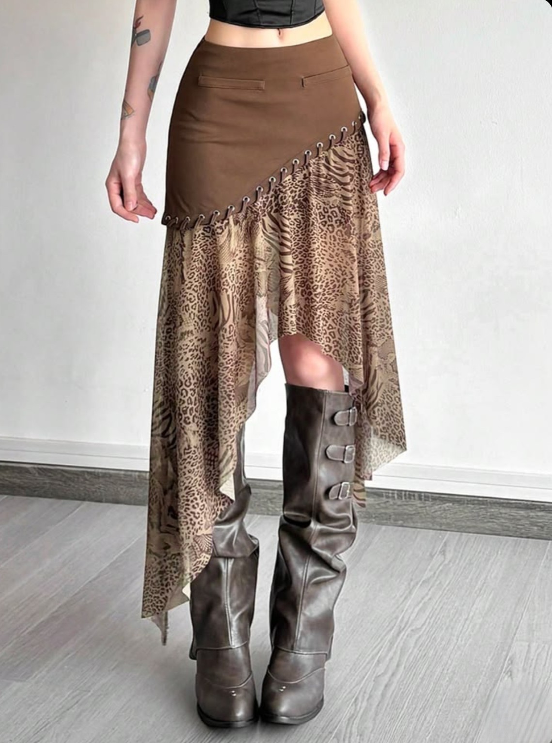 Leopard Print Asymmetric Skirt