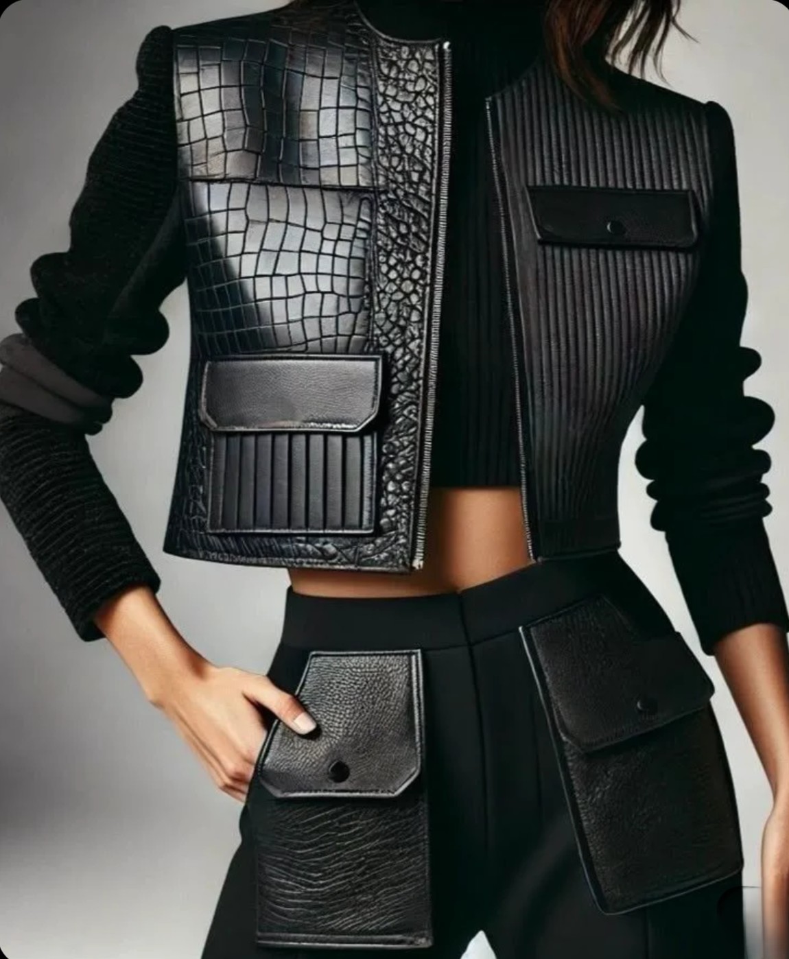 Crocodile-Textured Black Leather Jacket Set