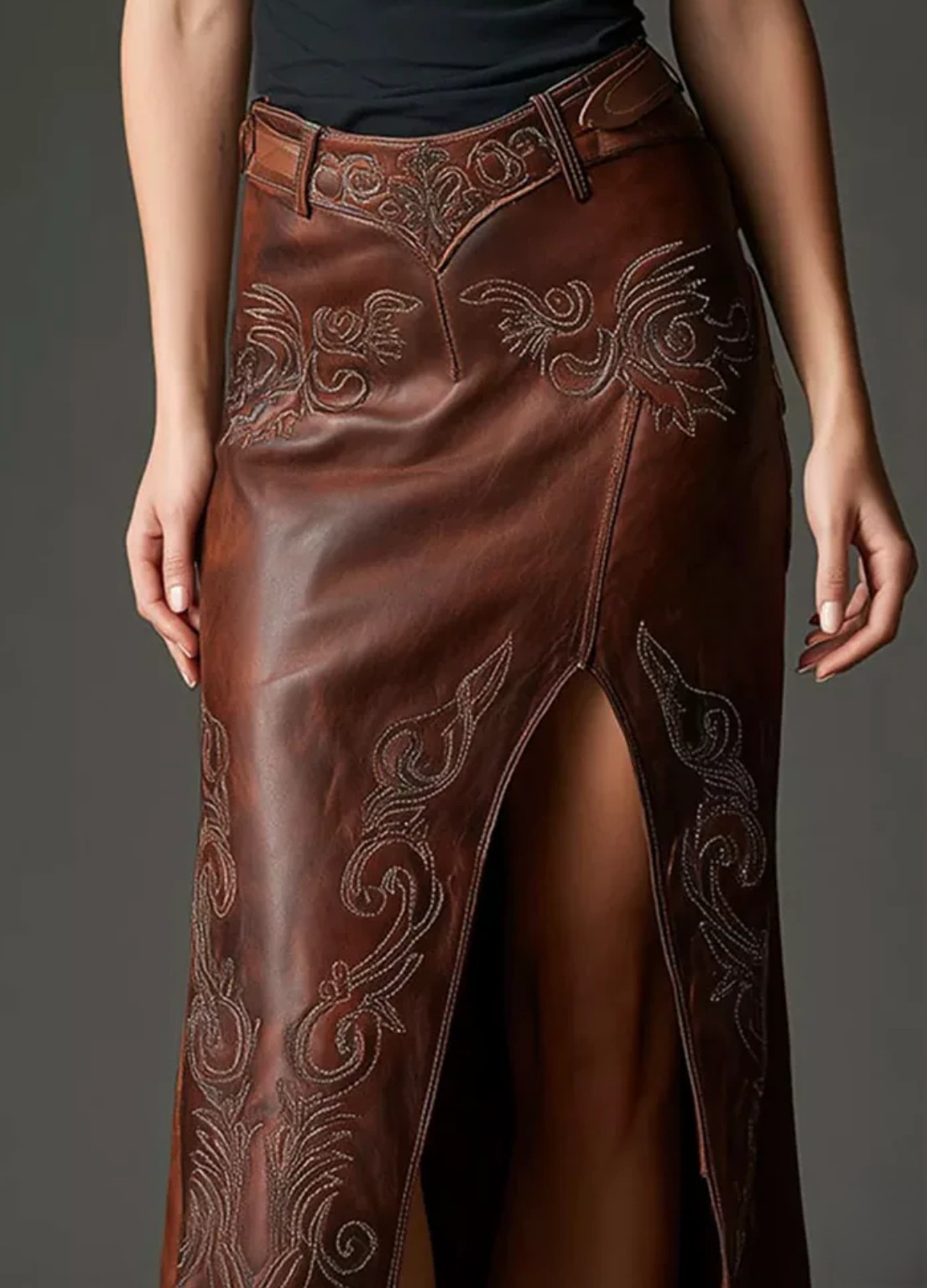Embroidered Leather Maxi Skirt