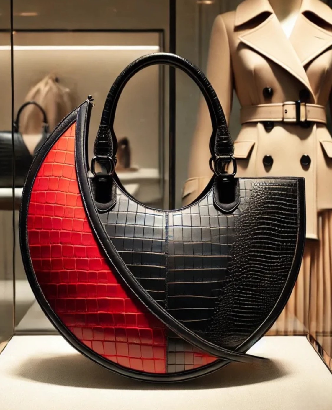 Geometric Croc-Pattern Leather Handbag