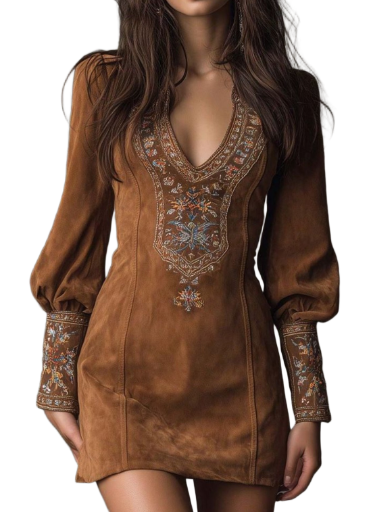 Boho Vintage Embroidered Suede Dress