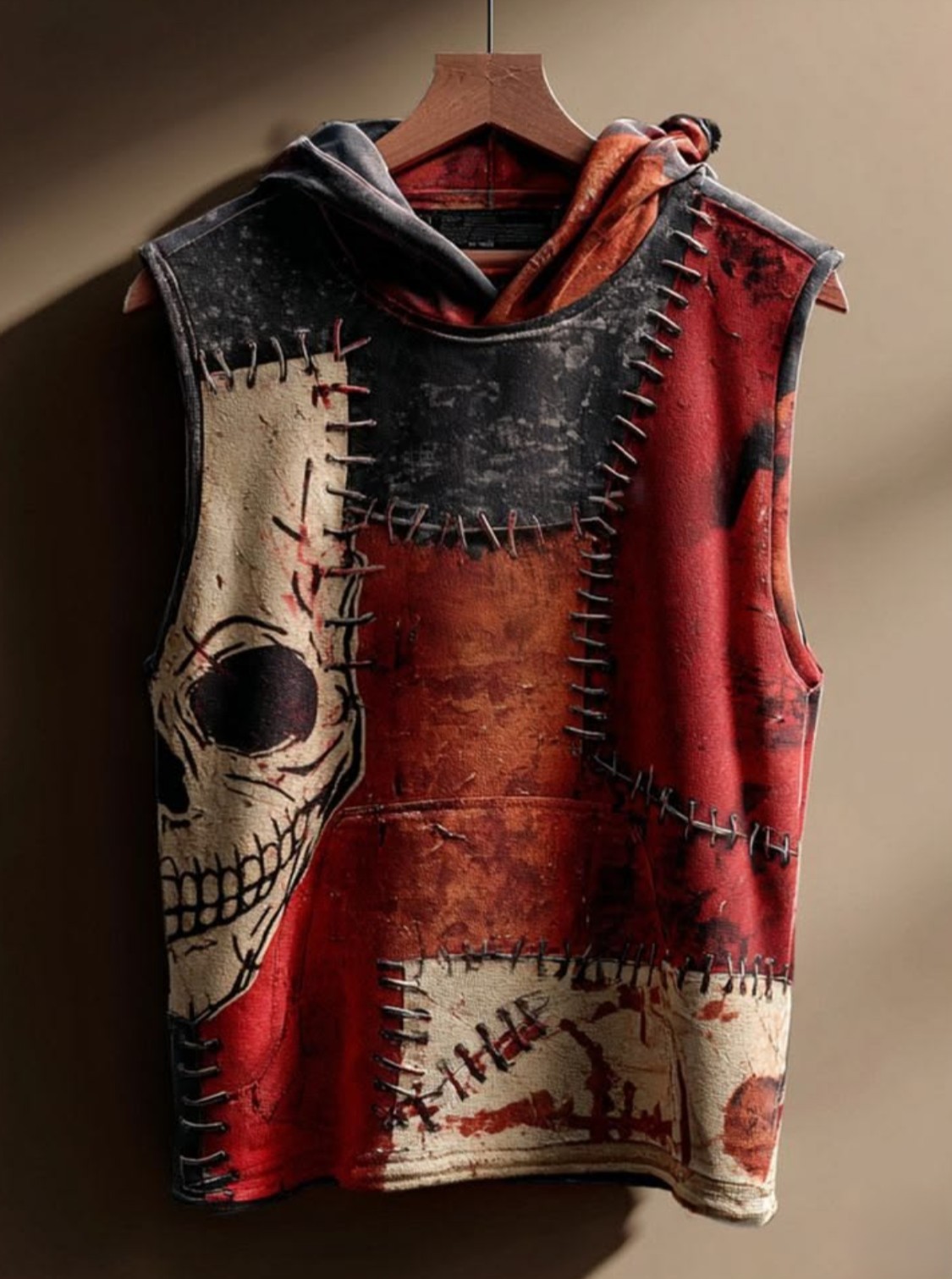 Punk Skull Patchwork Sleeveless Hoodie