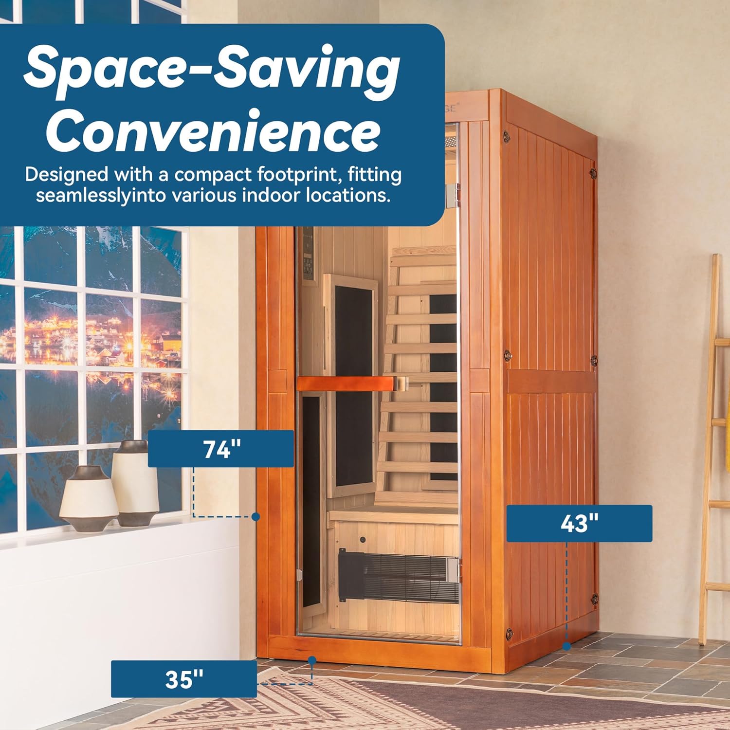 Woodbridge Infrared Home Sauna Room 1 Person Japanese Cedar Indoor Sauna with 7 Carbon Heaters, Red Light Therapy, Bluetooth Speaker, Intelligent Control Panel, Tempered Glass & Top Vent