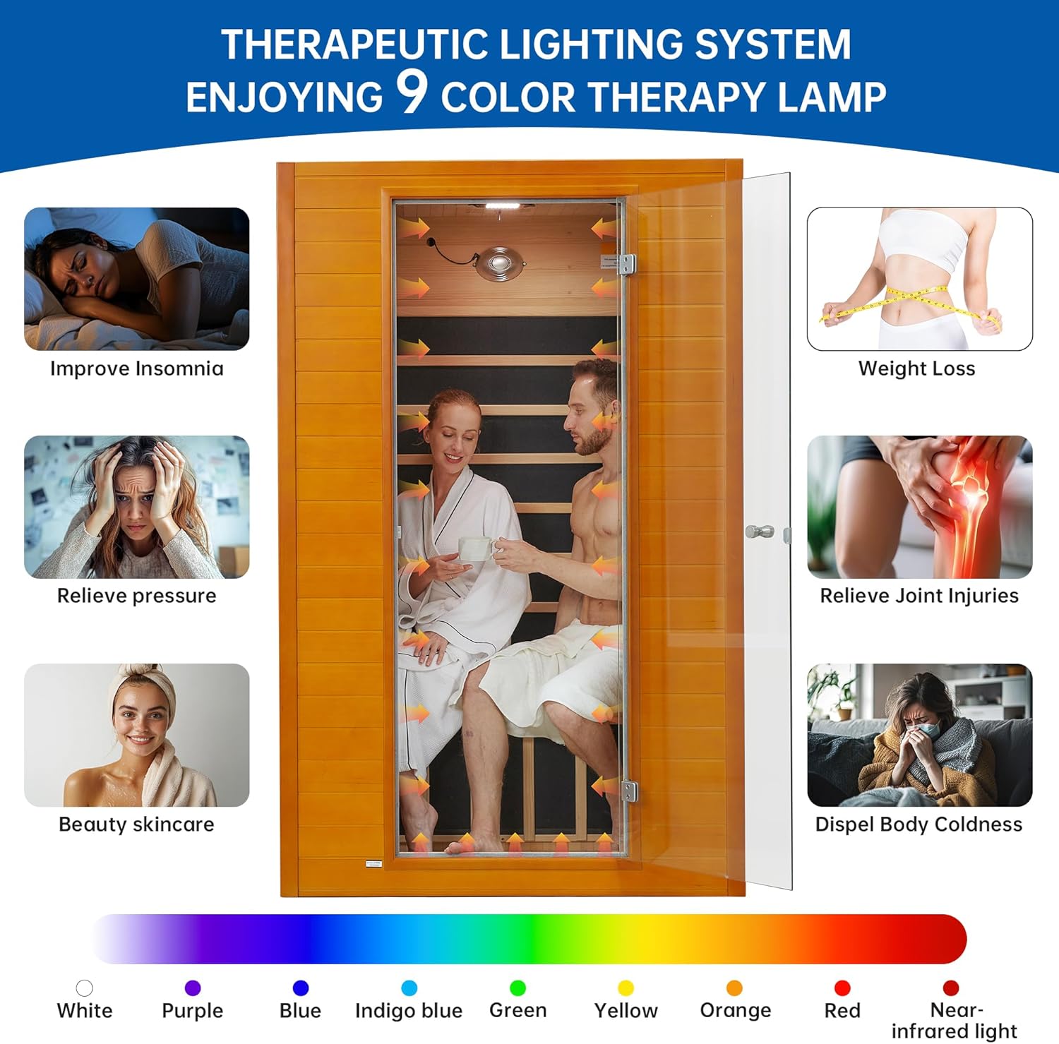 Infrared Sauna Room for Home, Near Zero EMF Wooden 2 Person Indoor Infrared Sauna at Home with Bluetooth, LCD Control Panel, Chromo Therapy Light