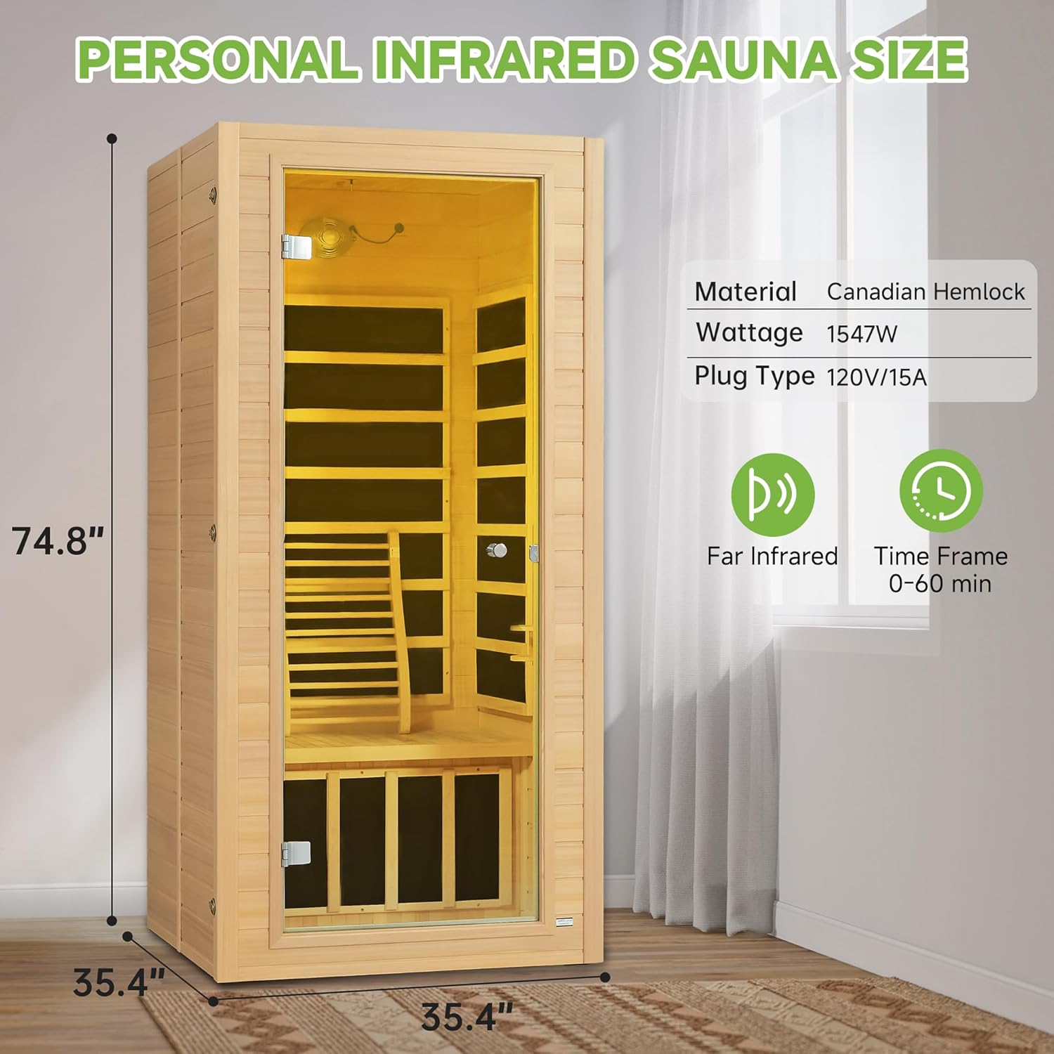 Real Relax Far Infrared Sauna for Home, 1 Person Indoor Home Sauna Low Emf, Canadian Hemlock Wooden Dry Saunas Room with Bluetooth Speakers, 9-Color Light Therapy, 1574w/110v for Personal Spa