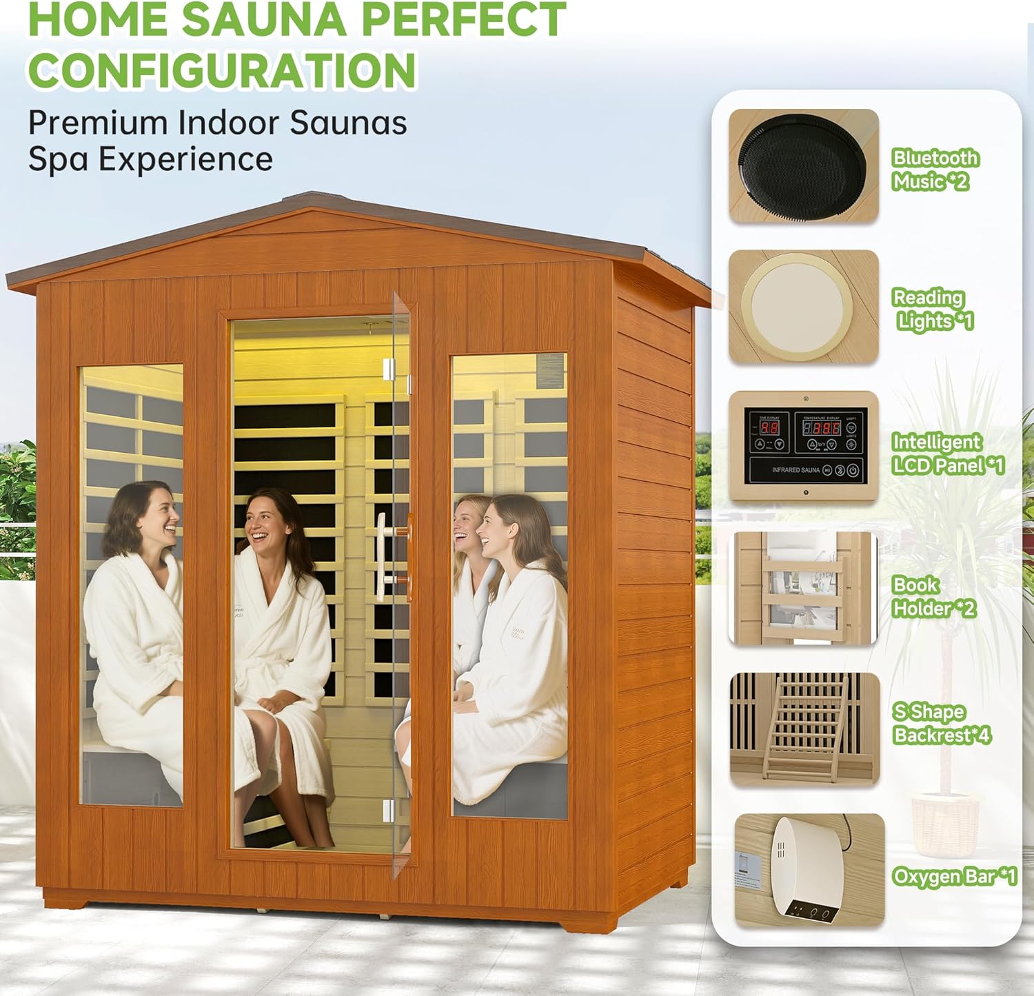 Real Relax Outdoor Infrared Sauna 4 Person for Home, Low EMF Far Infrared Sauna Spruce Wood Sauna with 10min Rapid preheating, Bluetooth, LCD Panel