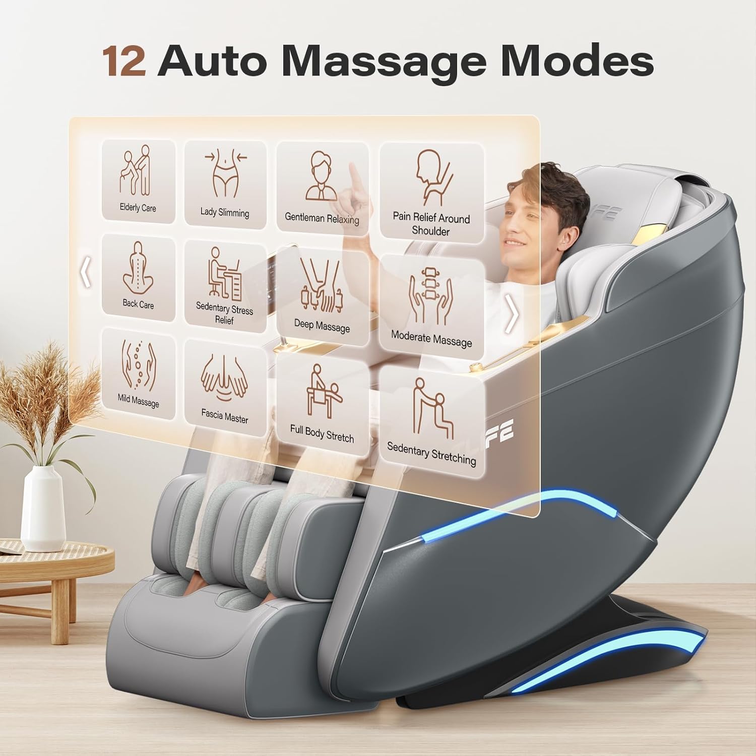 TLIFE Massage Chair Full Body, 160°Zero Gravity Recliner with Body Scan, 50" SL-Track Shiatsu Massage Chair, Fixed Point Massage, Foot Rollers, 12 Auto Modes, Deep Yoga Stretch, Heating, Grey