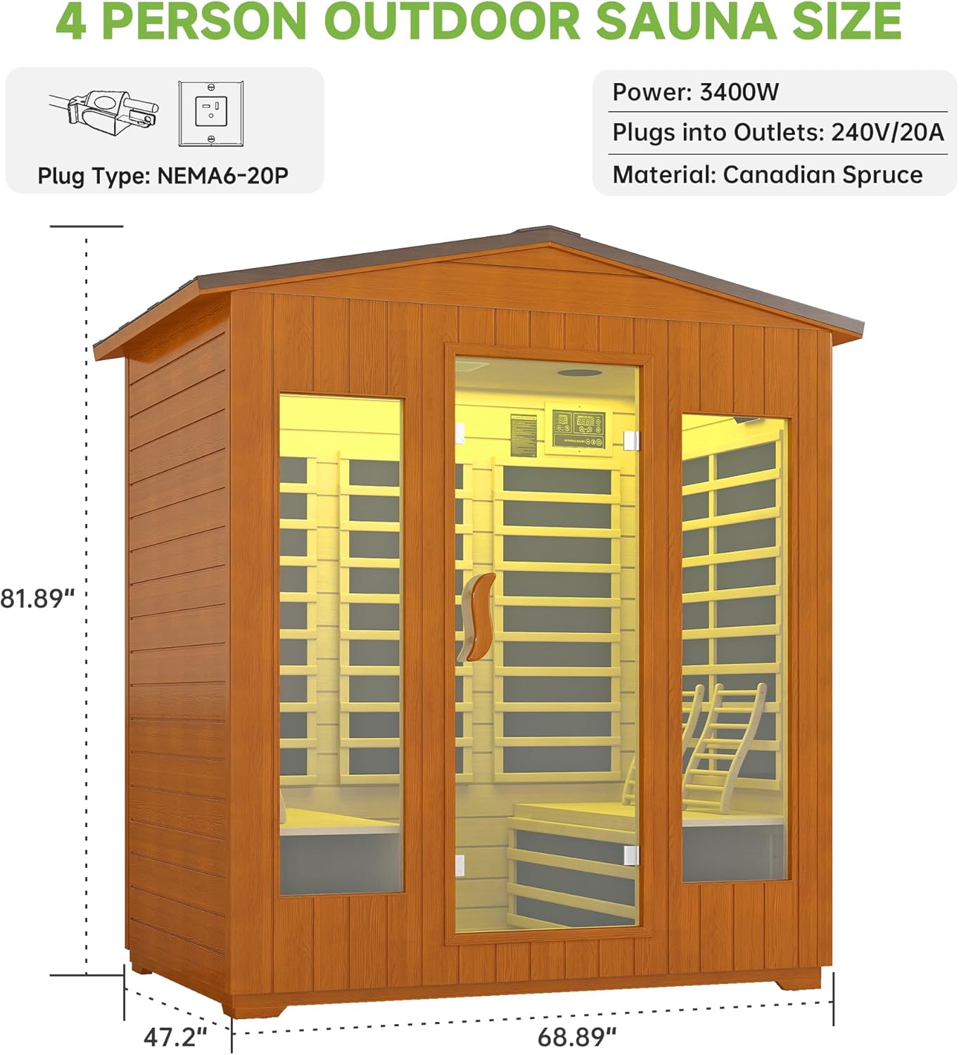 Real Relax Outdoor Infrared Sauna 4 Person for Home, Low EMF Far Infrared Sauna Spruce Wood Sauna with 10min Rapid preheating, Bluetooth, LCD Panel