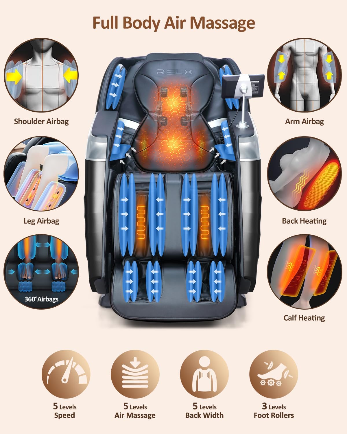 RELX Massage Chair Full Body, 20 Modes Zero Gravity SL-Track Shiatsu Massage Chair Built-in Heat System, Airbag Massage with Body Scan, Deep Yoga Stretch, Calfrest Extension and AI Control(Black)