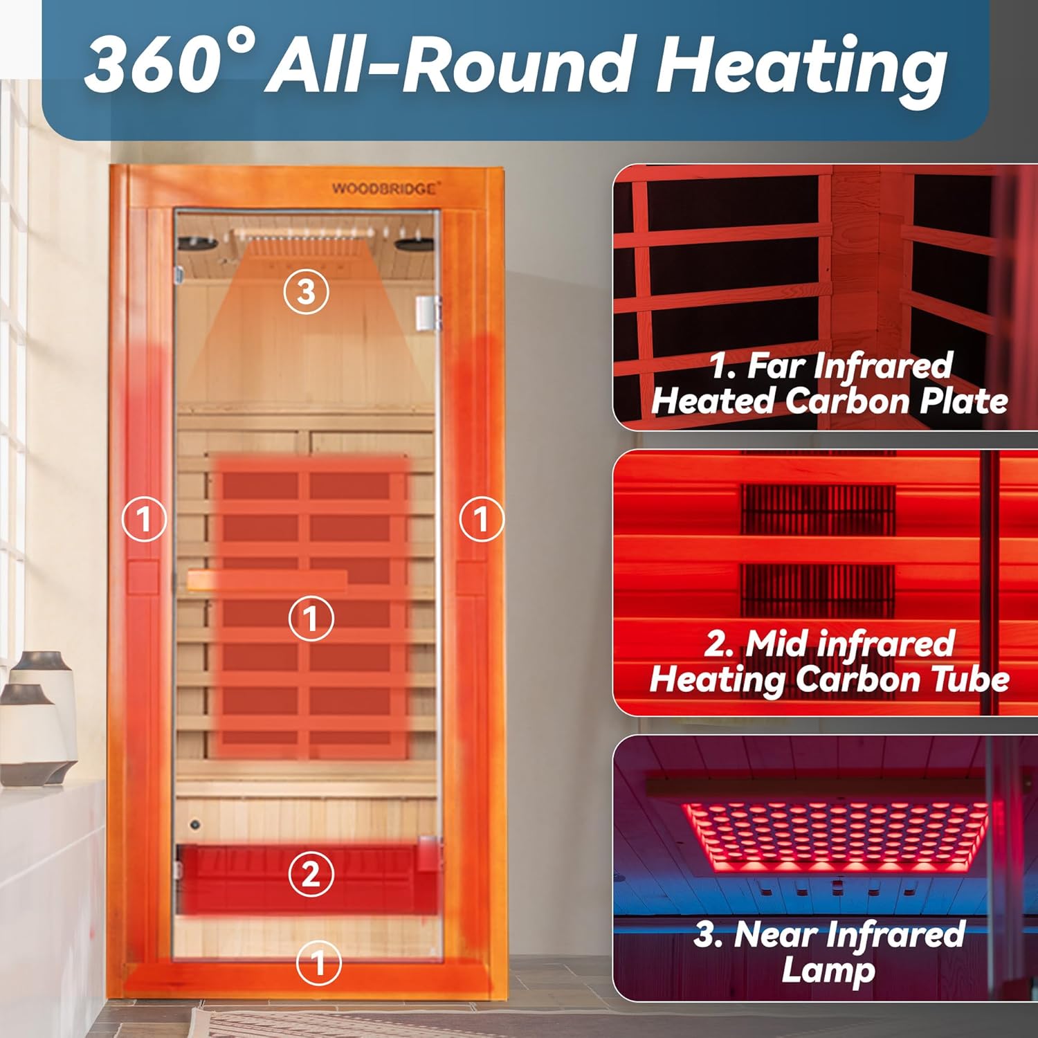 Woodbridge Infrared Home Sauna Room 1 Person Japanese Cedar Indoor Sauna with 7 Carbon Heaters, Red Light Therapy, Bluetooth Speaker, Intelligent Control Panel, Tempered Glass & Top Vent