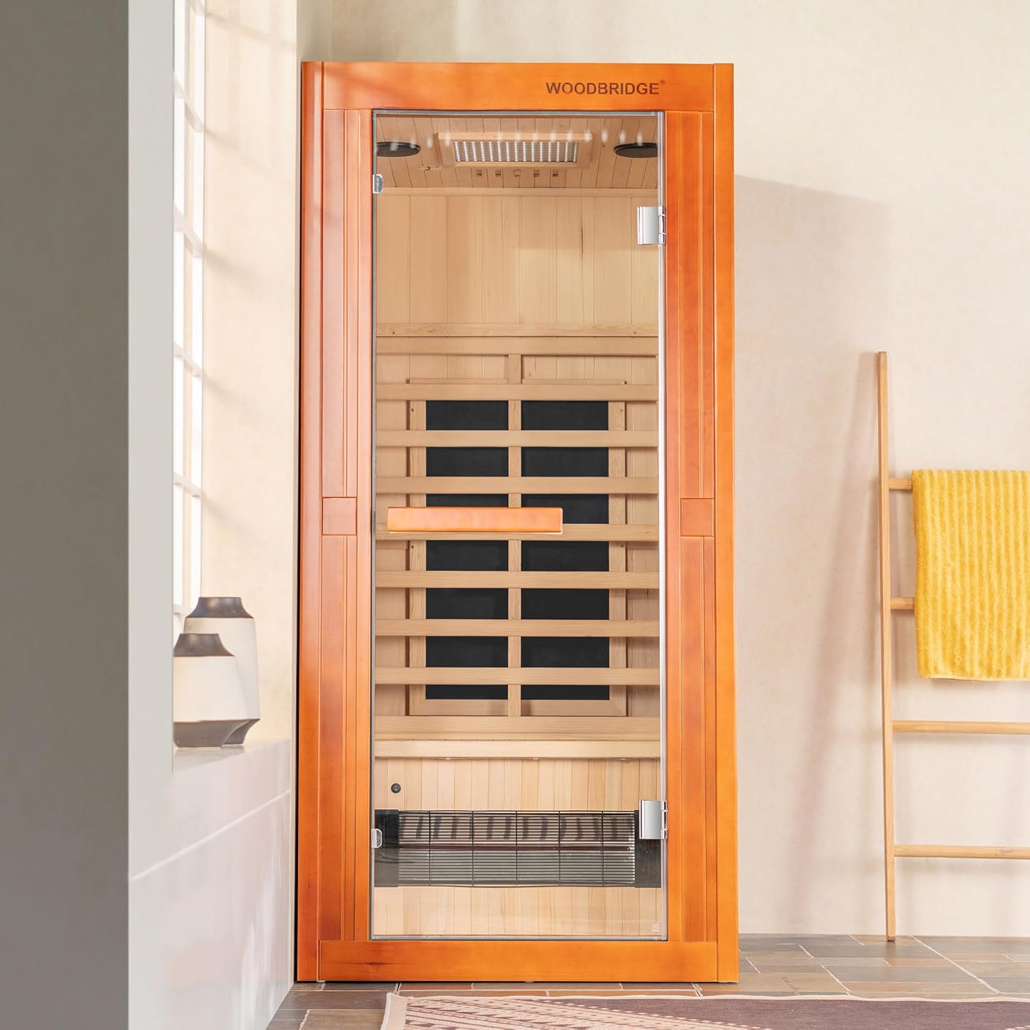Woodbridge Infrared Home Sauna Room 1 Person Japanese Cedar Indoor Sauna with 7 Carbon Heaters, Red Light Therapy, Bluetooth Speaker, Intelligent Control Panel, Tempered Glass & Top Vent