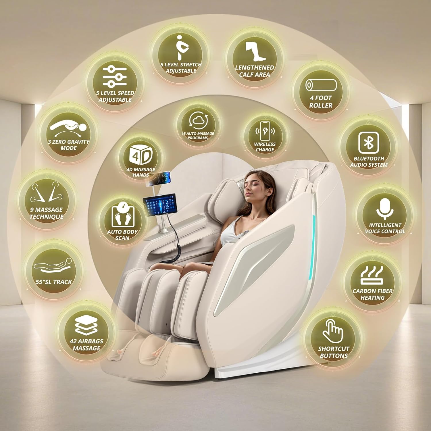 4D Massage Chair Full Body Zero Gravity Recliner - 55“ SL-Track,15 Auto Modes,11 Massage Technique,40 Airbags Massage,with Yoga Stretch,APP Control,Shiatsu Foot Massage(Beige)