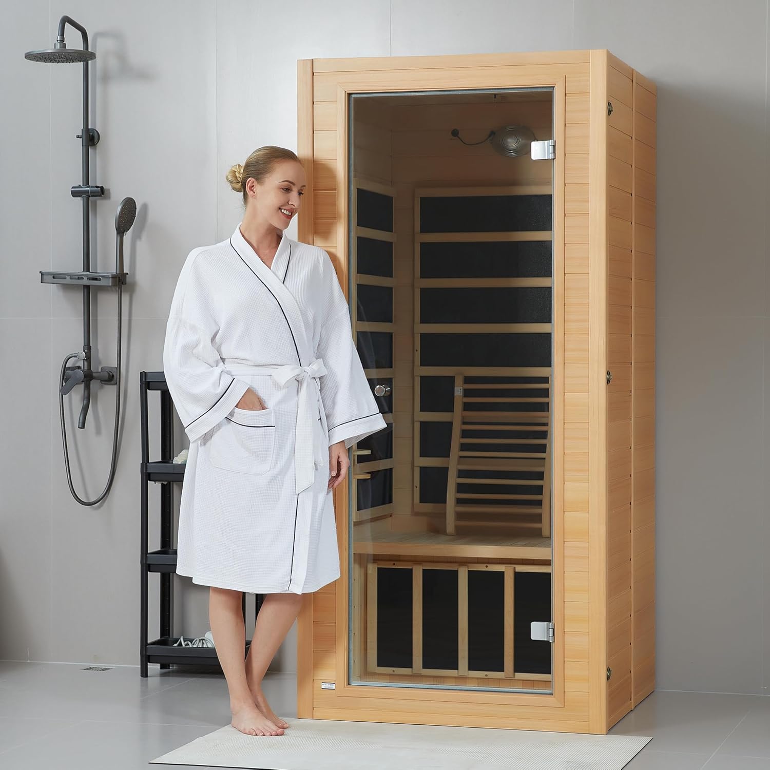 springspa Far Infrared Sauna, Low EMF 1 Person Sauna, Indoor Canadian Hemlock Wood Home Dry Saunas Room with 1400W, 9 Chromo Therapy Lights, Bluetooth, LCD Control Panel for Home and Gym Use