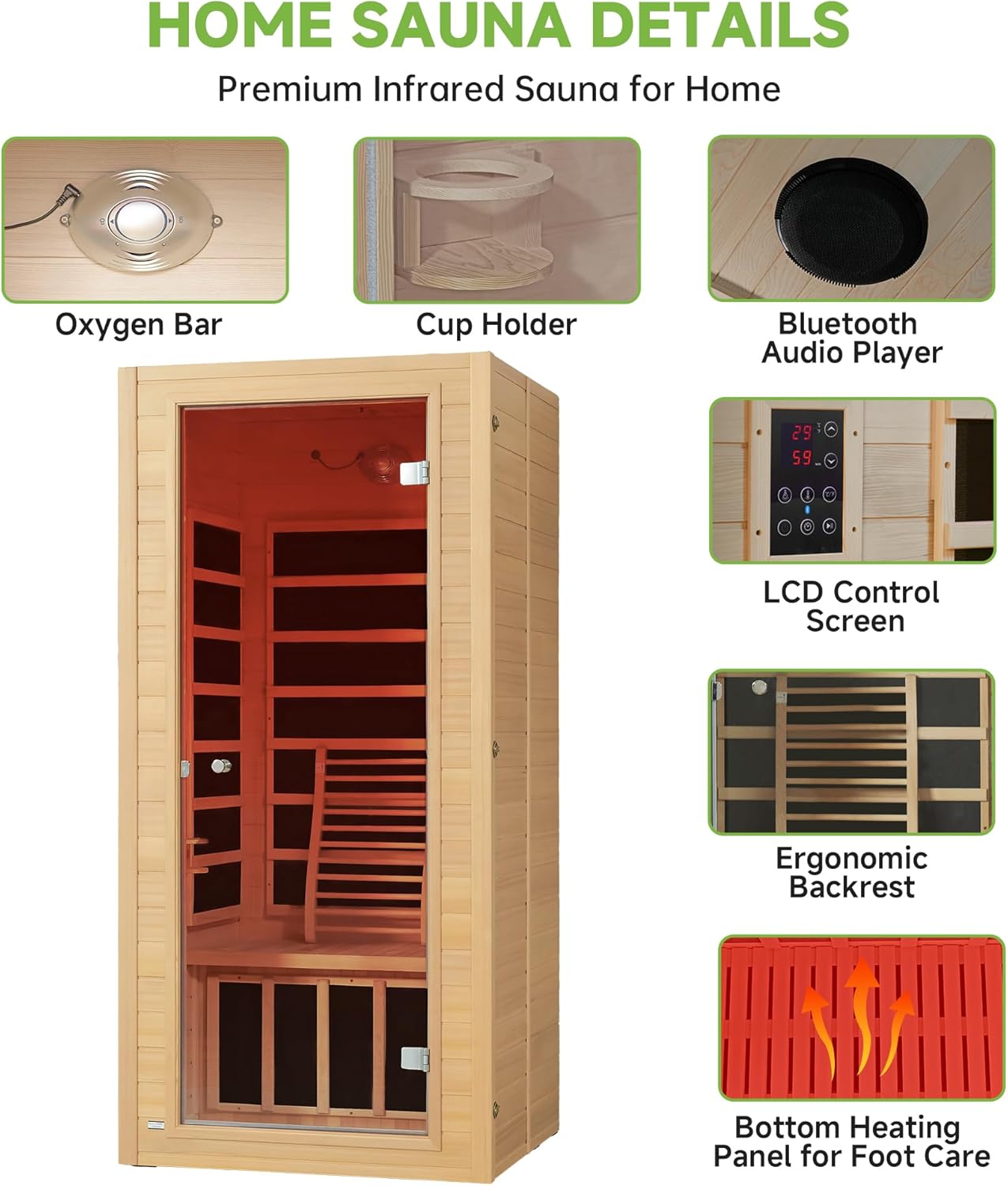 Real Relax Far Infrared Sauna for Home, 1 Person Indoor Home Sauna Low Emf, Canadian Hemlock Wooden Dry Saunas Room with Bluetooth Speakers, 9-Color Light Therapy, 1574w/110v for Personal Spa