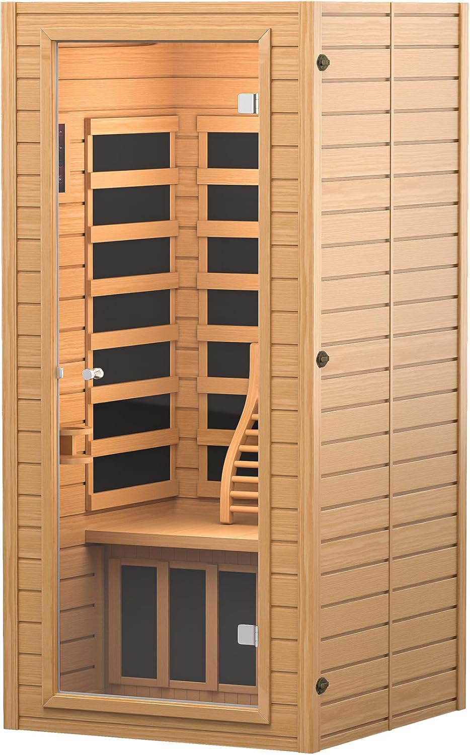 springspa Far Infrared Sauna, Low EMF 1 Person Sauna, Indoor Canadian Hemlock Wood Home Dry Saunas Room with 1400W, 9 Chromo Therapy Lights, Bluetooth, LCD Control Panel for Home and Gym Use