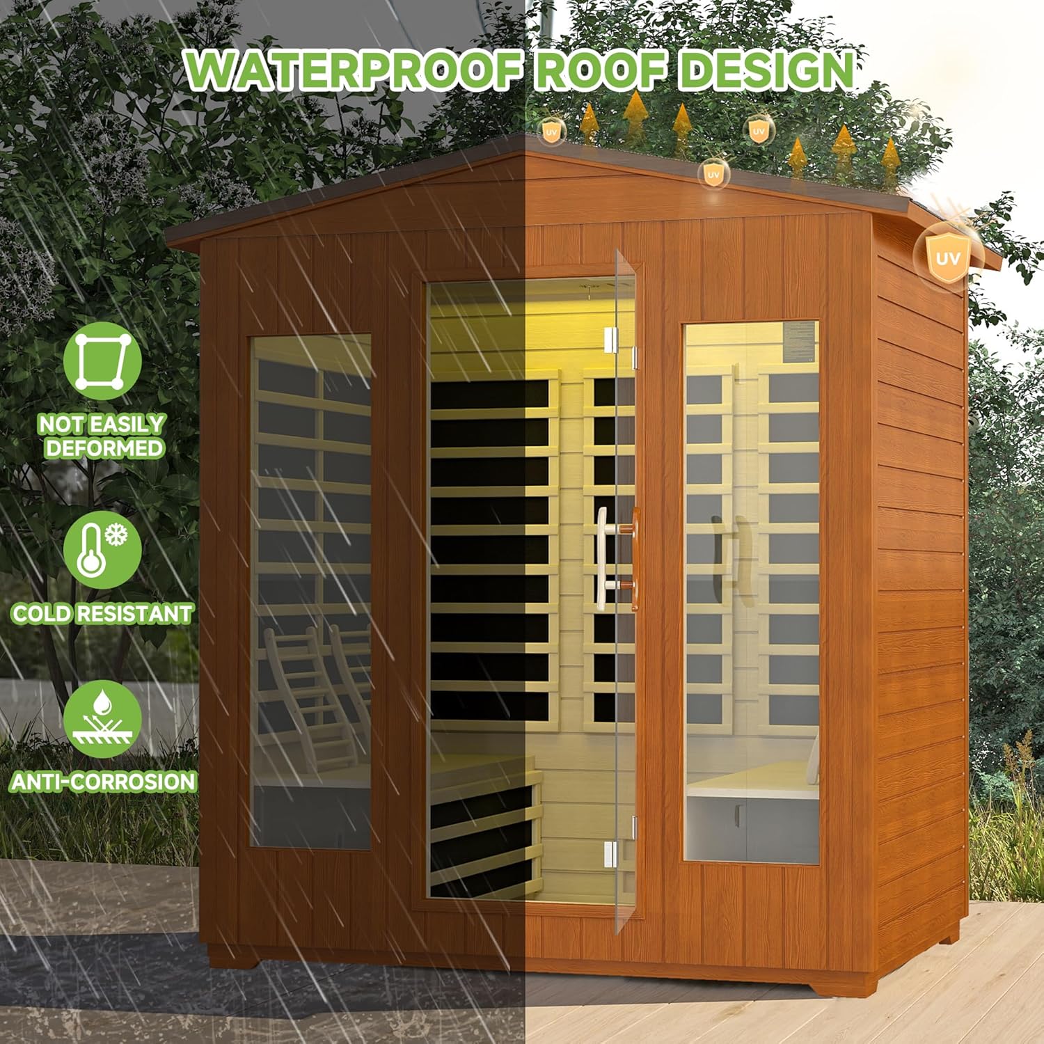 Real Relax Outdoor Infrared Sauna 4 Person for Home, Low EMF Far Infrared Sauna Spruce Wood Sauna with 10min Rapid preheating, Bluetooth, LCD Panel