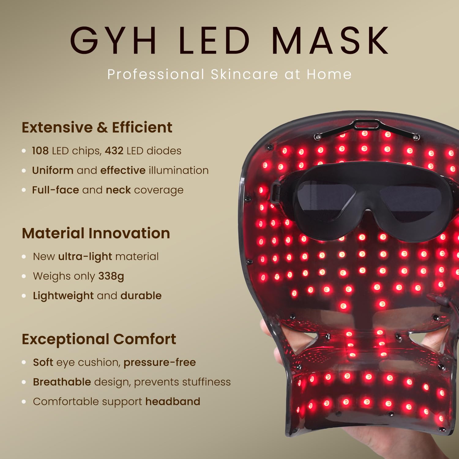 GYH 8-Color LED Light Therapy Face & Neck Mask with Handheld Light Wand - HSA/FSA Eligible