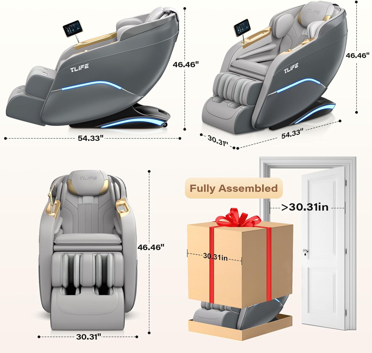 TLIFE Massage Chair Full Body, 160°Zero Gravity Recliner with Body Scan, 50" SL-Track Shiatsu Massage Chair, Fixed Point Massage, Foot Rollers, 12 Auto Modes, Deep Yoga Stretch, Heating, Grey